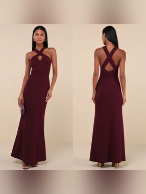 Lulus Keep You Enchanted Dark Purple Cutout Halter Mermaid Maxi Dress XS Wedding